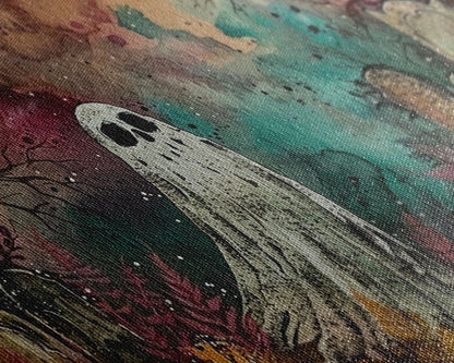 Cute Ghost In The Cemetery, Framed Canvas Print, Halloween Wall Decor, Halloween Trinkets