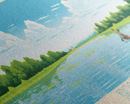 Brookville Lake Indiana Framed Canvas Print, Midcentury Modern Panoramic Wall Art, Living Room Decor, Pop Art, Travel Poster Art, Nature Painting