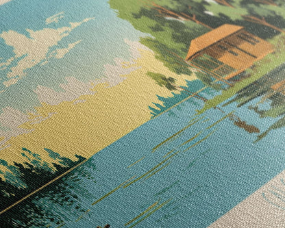 Calcasieu Lake Louisianna Framed Canvas Print, Pop Art Panoramic Travel Poster, Midcentury Modern, Wall Art, Scenic Nature Painting, Bedroom Decor