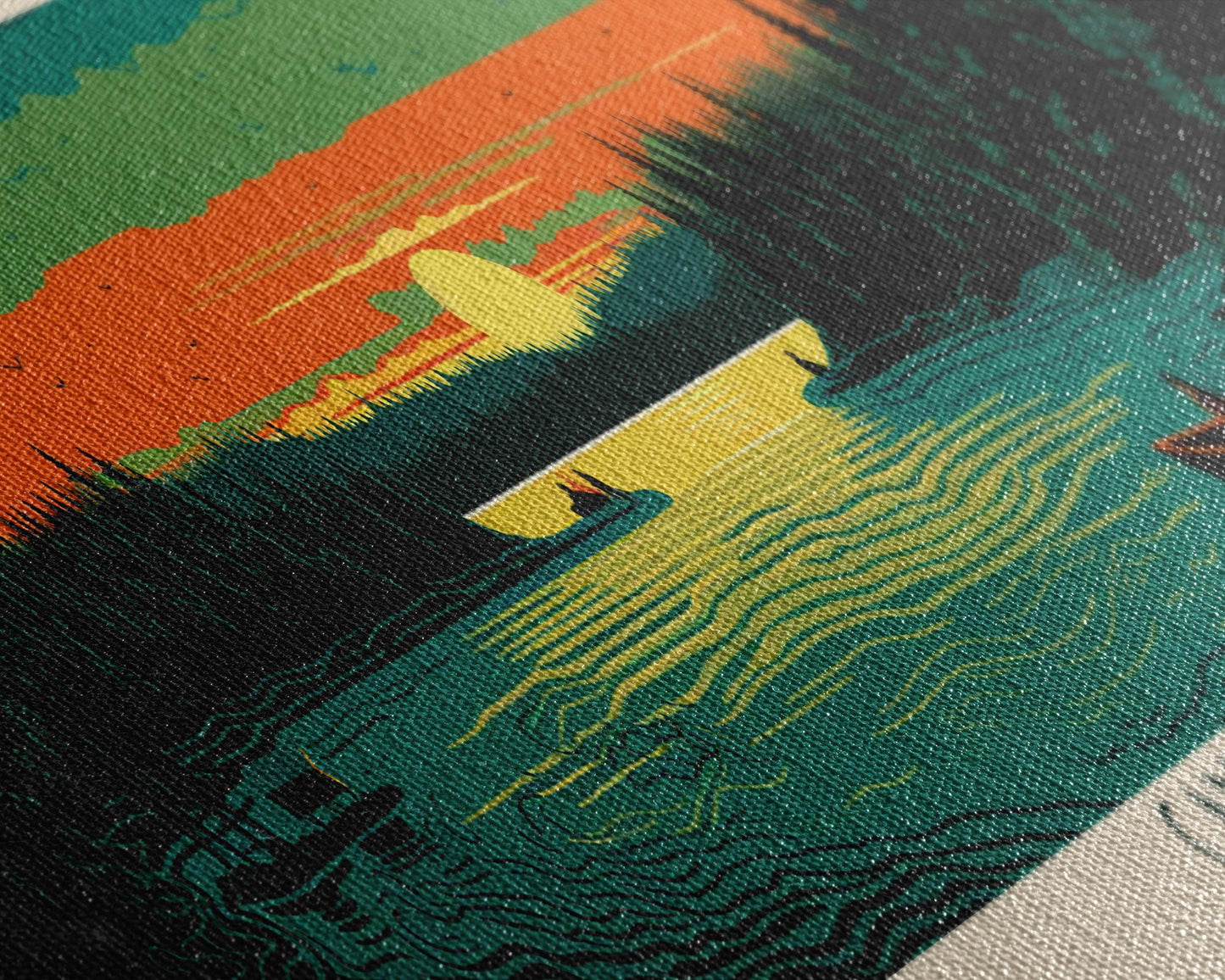 Candle Lake Saskatchewan Framed Canvas Print, Midcentury Modern Panoramic Wall Art, Living Room Decor, Pop Art, Travel Poster Art, Scenic Nature Painting