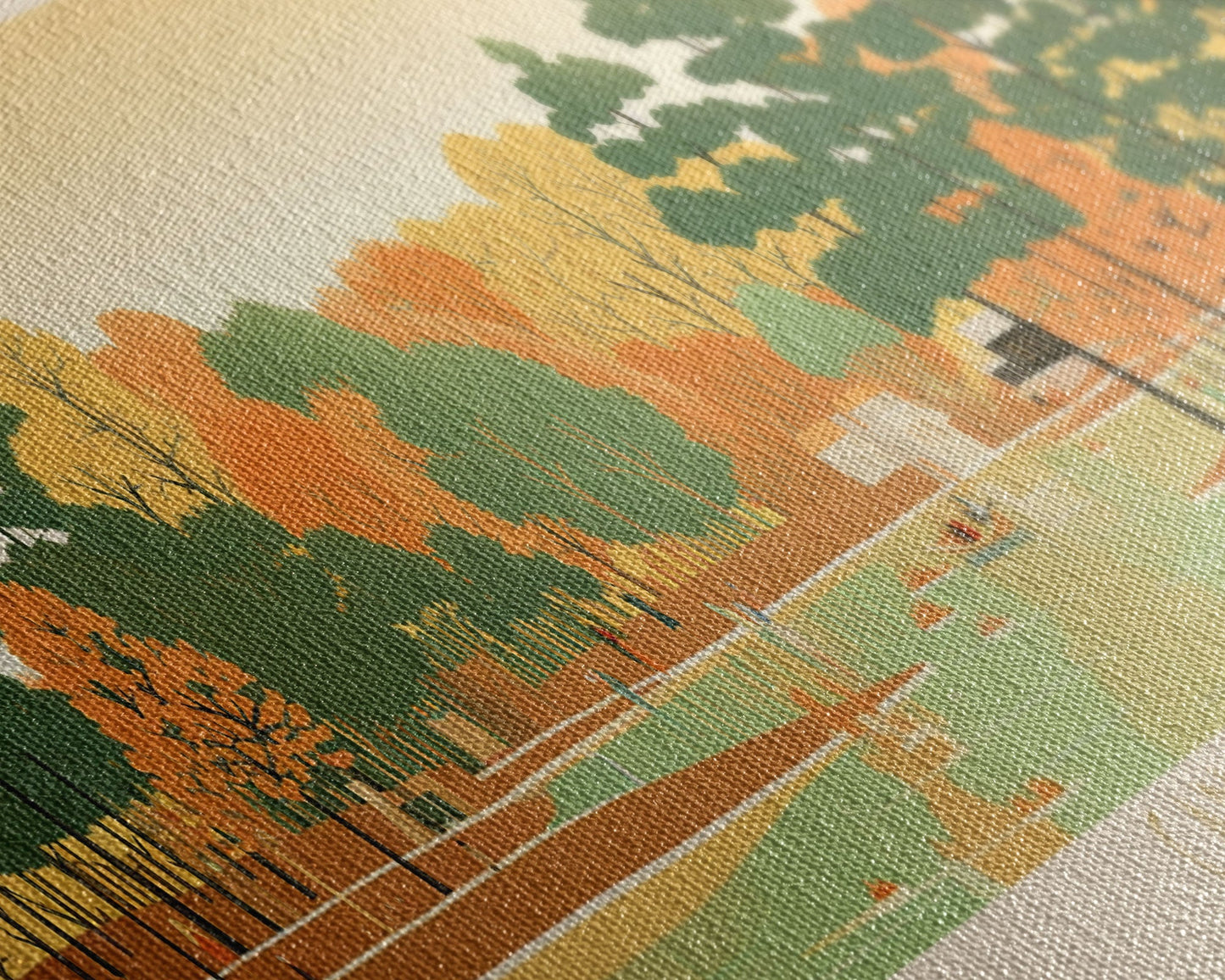 Canobie Lake New Hamphire Framed Canvas Print, Midcentury Modern Panoramic Wall Art, Living Room Decor, Pop Art, Travel Poster Art, Scenic Nature Painting