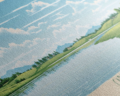 Carter Lake Nebraska Framed Canvas Print, Midcentury Modern Panoramic Wall Art, Living Room Decor, Pop Art, Travel Poster Art, Scenic Nature Painting, Lake House Decor