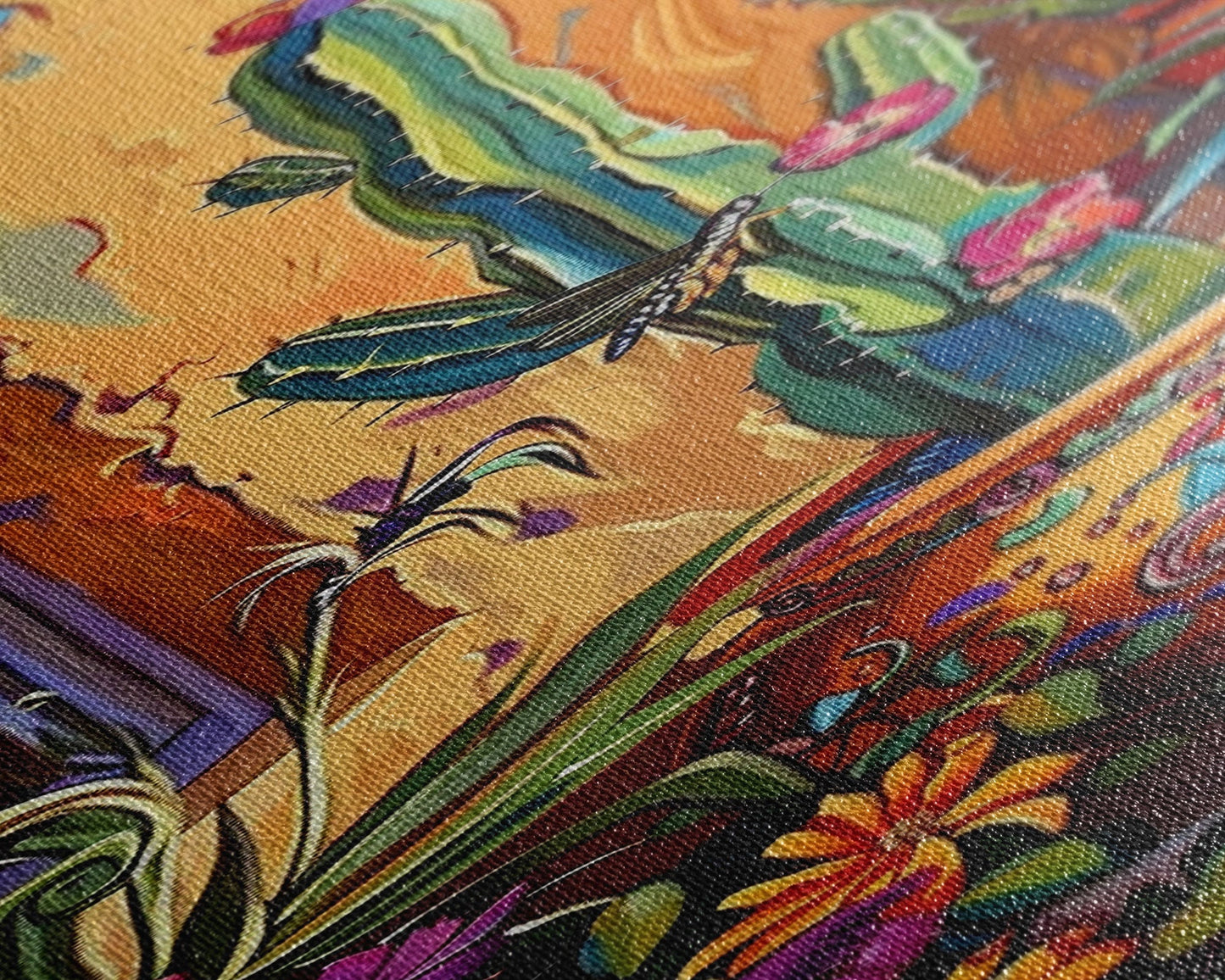 Colorful Canvas Painting of Cactus Framed, Botanical Wall Art Print, Spanish Inspired Canvas Painting, Long and Narrow Living Room Wall Art