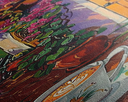 Rustic Garden Oil Painting Framed and Printed on Canvas, Tall Narrow Triptych Art Print, Coastal Art, Coffee Art, Contemporary Art Print