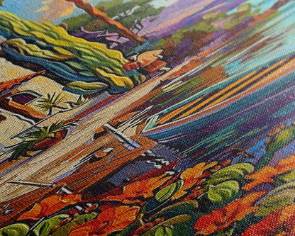 Gerahmtes Leinwandbild „Mittelmeerküste“, gerahmtes Wandbild fürs Wohnzimmer, zeitgenössische botanische Kunst, tropischer Kunstdruck auf Leinwand