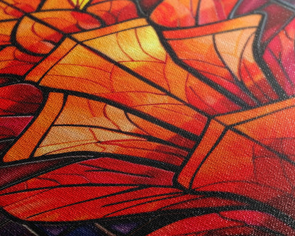 Red and Orange Floral Stained Glass Design - Framed Canvas Print, Midcentury Modern Art, Skinny Art, Tall Art, Living Room Wall Decor, Boho Art