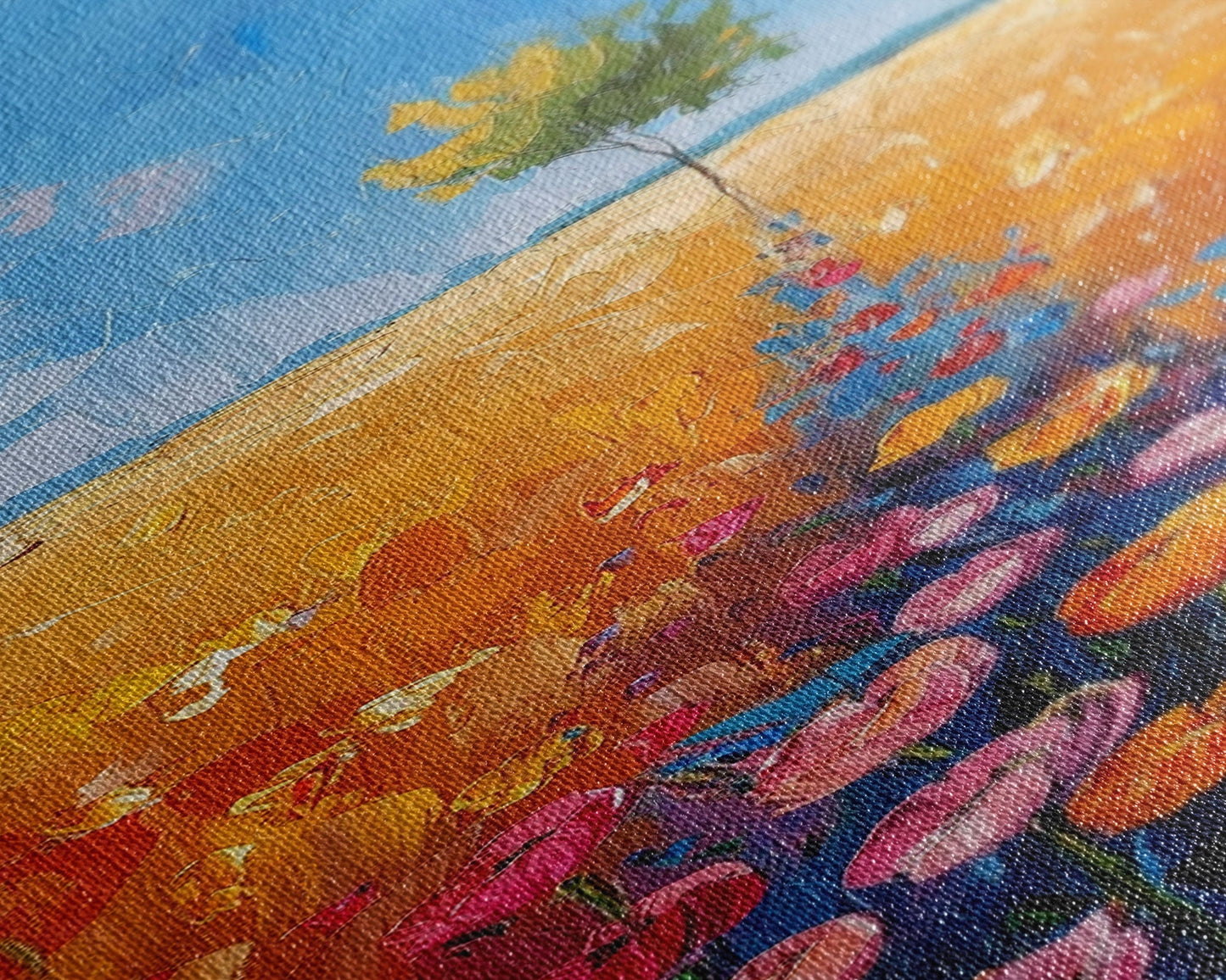 Colorful Wildflowers in a Field with a Lone Tree Under a Bright Blue Sky on a Framed Canvas Print Tall Art Piece