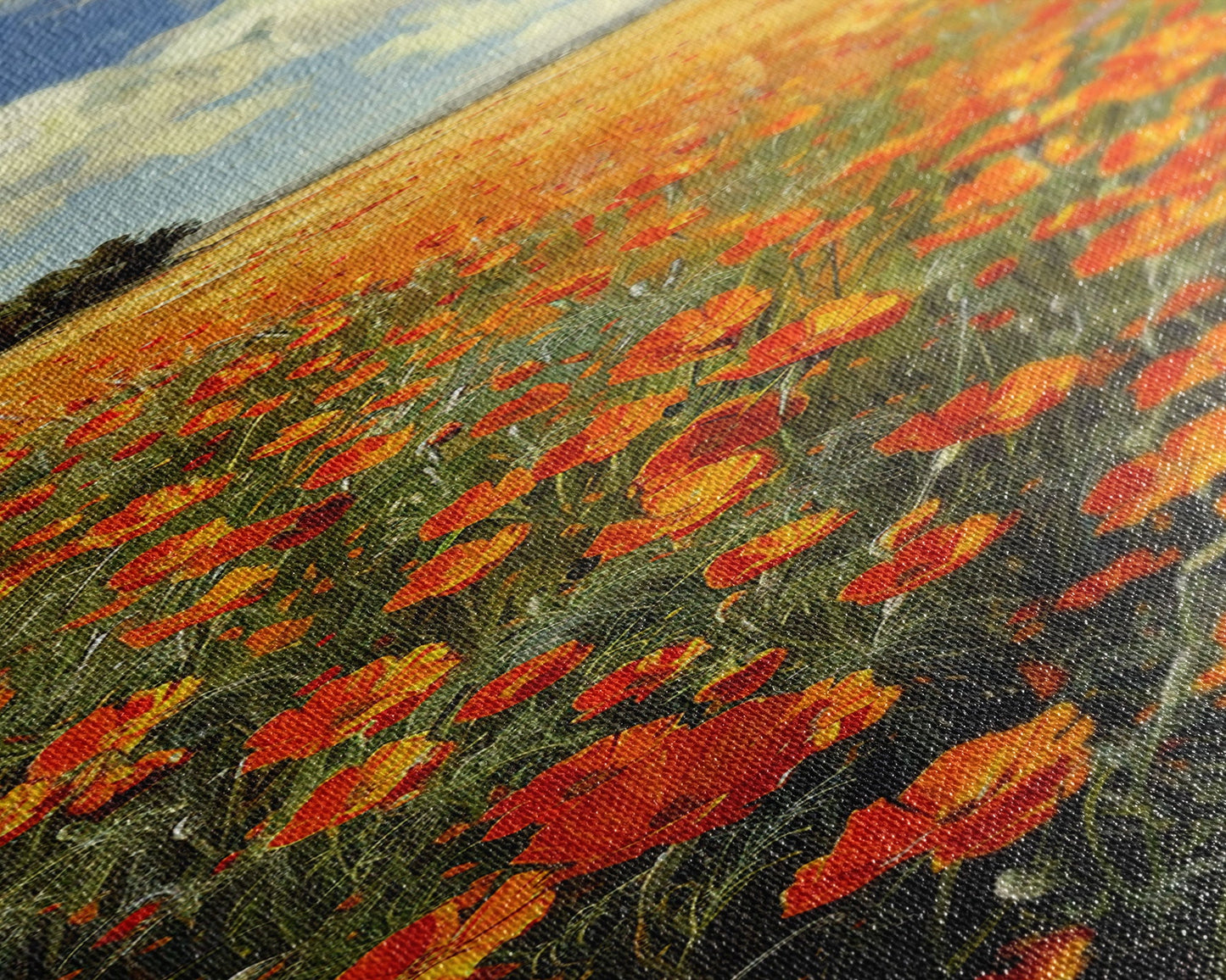 Expansive Poppy Field Under a Bright Blue Sky on a Framed Canvas Print Skinny Art Piece