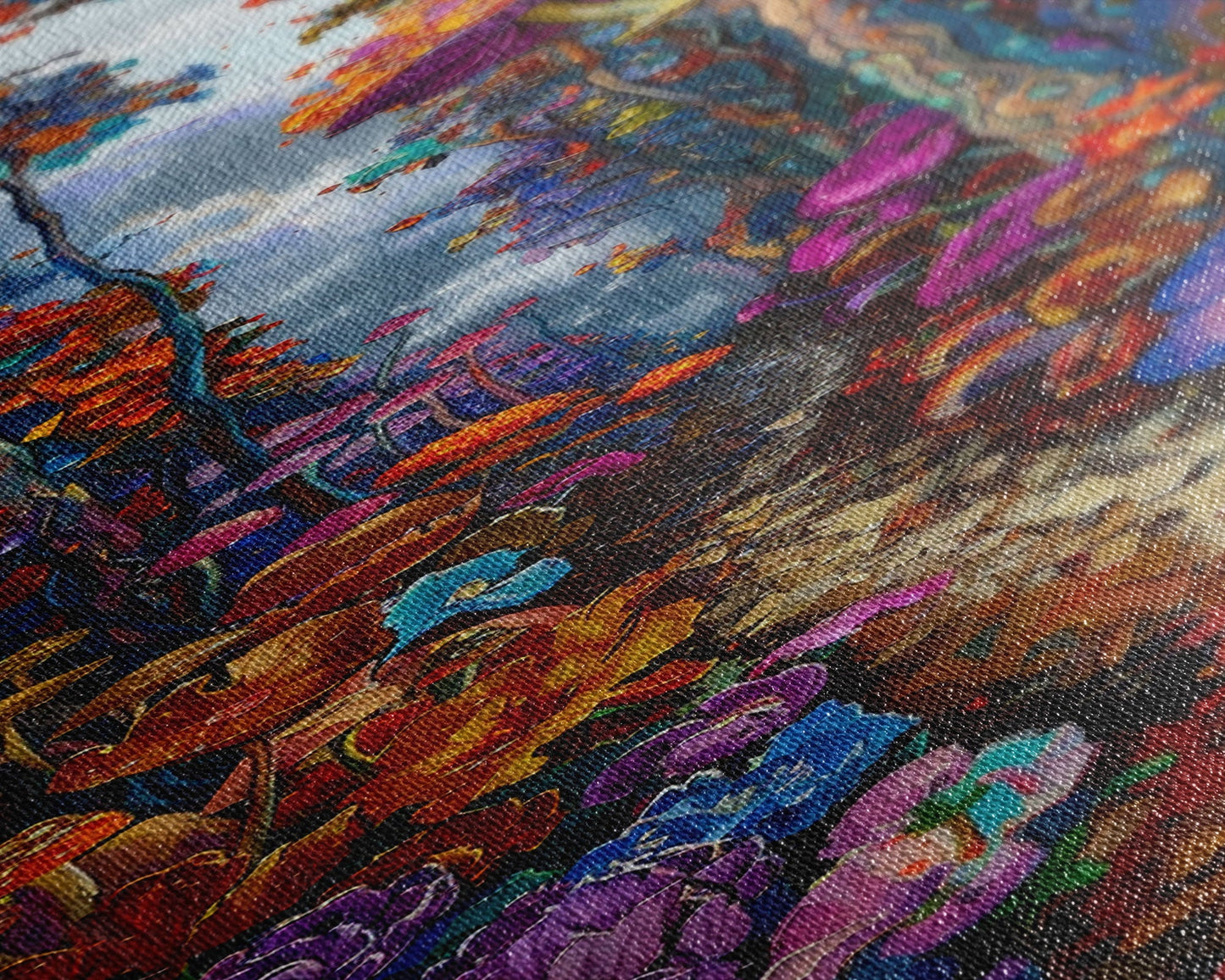 Fantasy Forest Pathway with Giant Mushrooms as Tall Skinny Art Framed Canvas Print for Whimsical Wall Decor in Unique Spaces