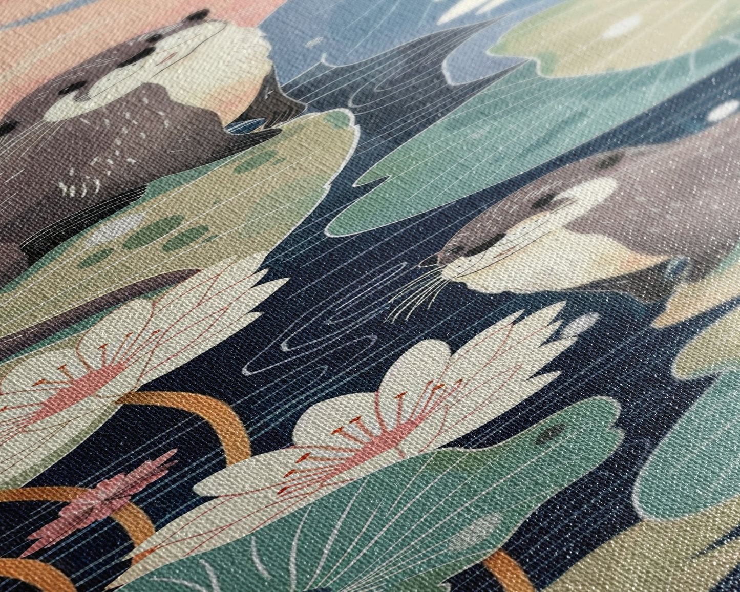 Playful Otters Amidst Lily Pads on Japanese-Inspired Tall Vertical Canvas Print Perfect for Nature-Inspired Wall Decor