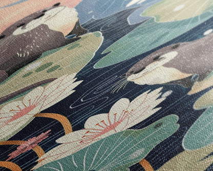 Playful Otters Amidst Lily Pads on Japanese-Inspired Tall Vertical Canvas Print Perfect for Nature-Inspired Wall Decor