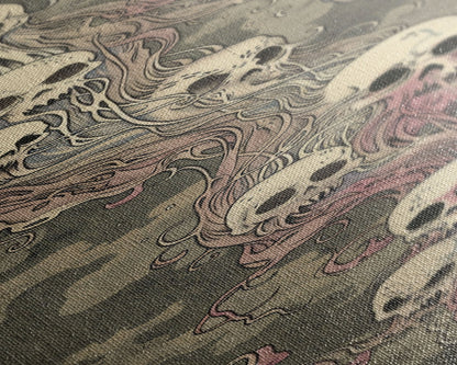 Hauntingly Beautiful Floating Skulls on Tall Vertical Canvas Print Featuring Japanese Ghostly Art in Eerie Style