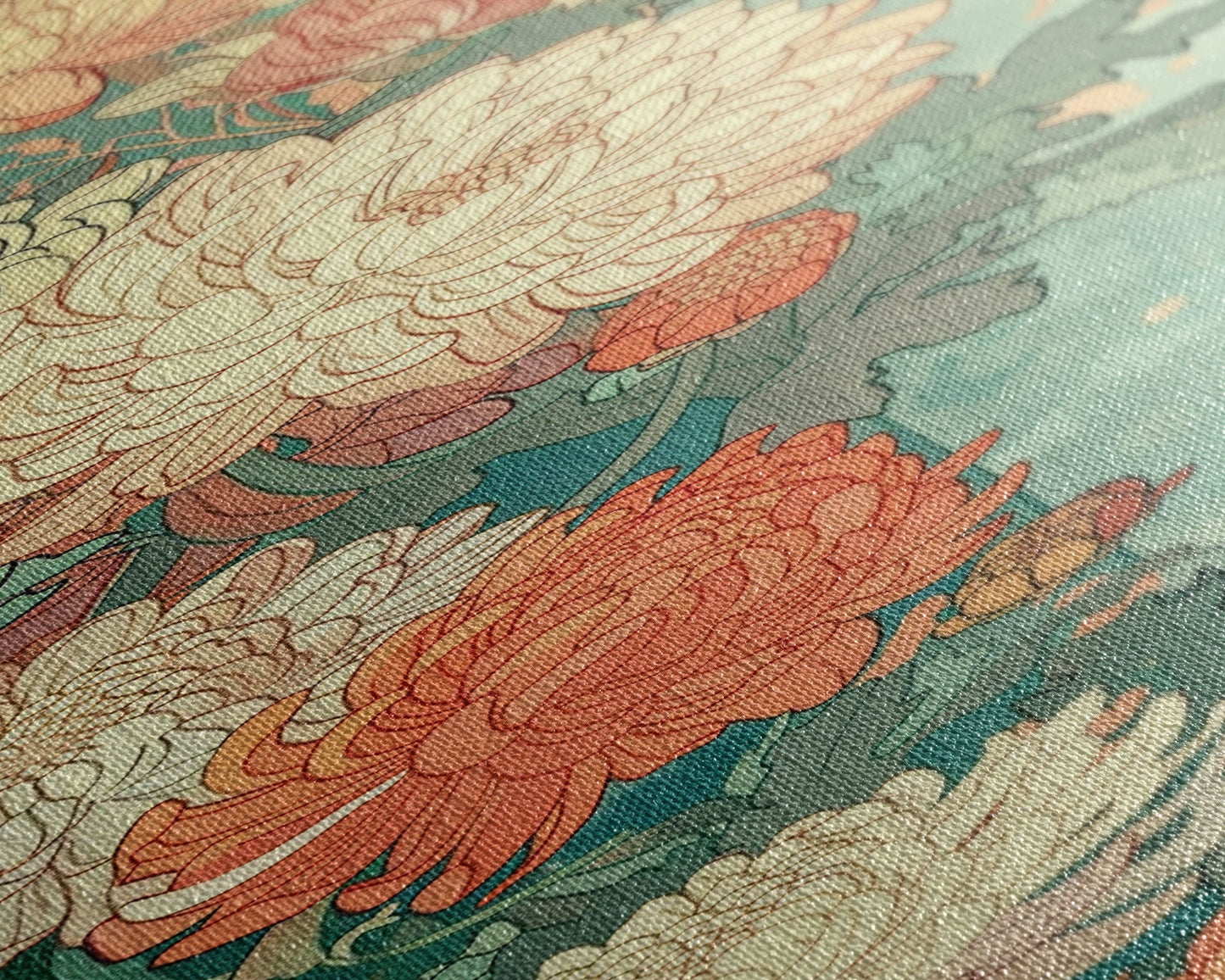 Skinny Art of Chrysanthemums in Soft Pastels with Intricate Petal Design on Framed Canvas Print