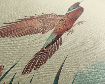 Japanese Skinny Art of Pheasant in Flight with Graceful Wings and Earthy Tones – Framed Canvas Print