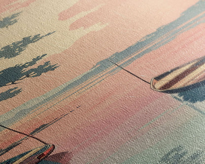 Serene Boat on Water, Autumn Trees, Japanese Art, Skinny Art, Tall Art, Framed Canvas Print, Ukiyo-e Style