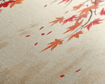 Skinny Art Maple Branch In Japanese Style Wood Block Print Autumn Leaves On Framed Canvas Print, Tall Art Ukiyo-e