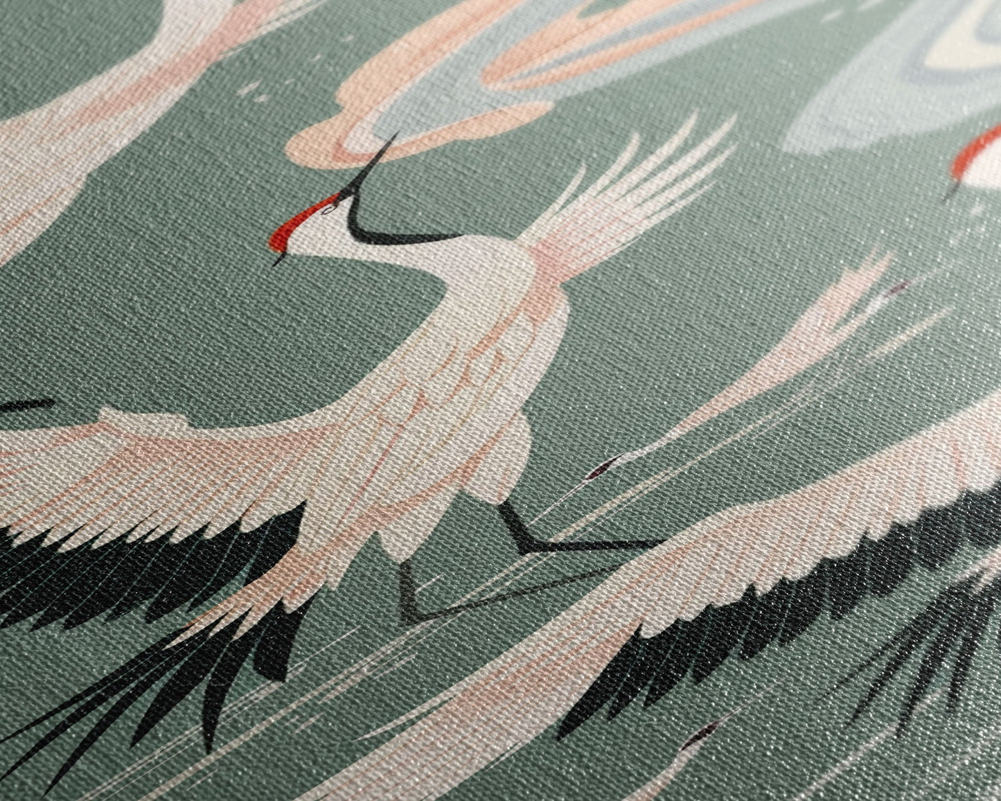 Cranes In Flight Framed Canvas Print, Traditional Japanese Art With Soft Colors And Detailed Wings, Wall Art Ready To Hang