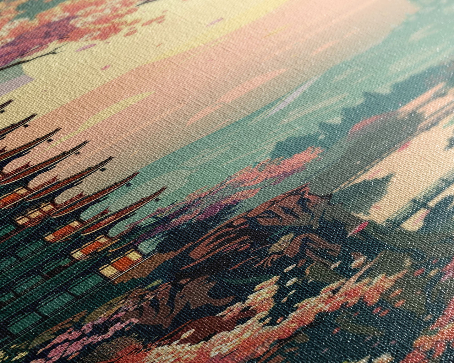 Japanese Pagoda Among Sakura Trees Under Yellow Moon Tall Art Skinny Art Framed Canvas Print Japanese Style Art Ukiyo-e Wood Block Print