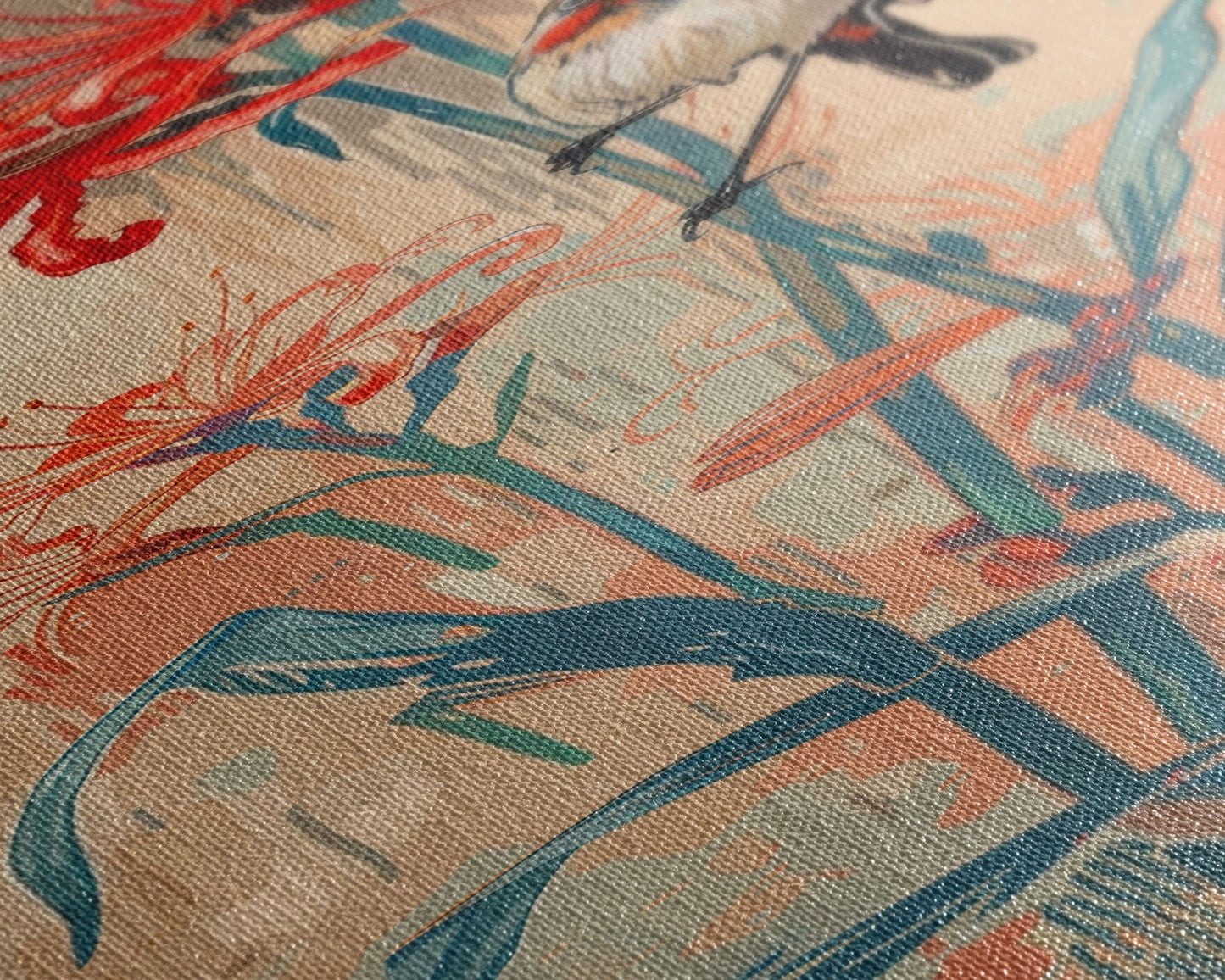 Bird Perched On Bright Red Lily Flower Skinny Art Tall Art Framed Canvas Print Japanese Style Art Ukiyo-e Art Wood Block Print Floral Detailed