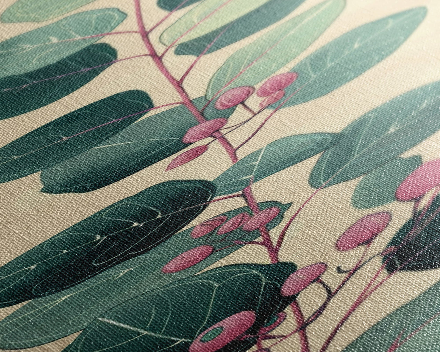 Delicate Green Leaves And Pink Buds On A Branch Against A Textured Background, Skinny Art Tall Wall Art Framed Canvas Print Japanese Style Art