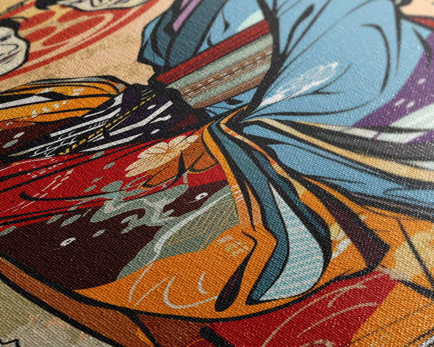 Japanisches Paar im traditionellen Kimono, Hochformatiger, schlanker, gerahmter Leinwanddruck für die Wand