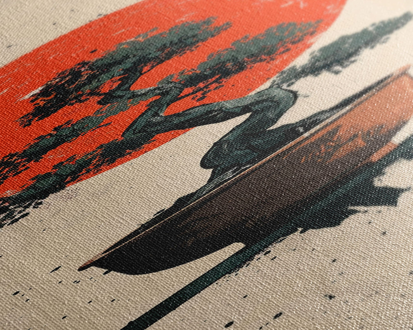 Canvas Print Bonsai Tree Silhouette Against Red Sun, Minimalistic Japanese Style Art For Modern Home, Wall Decoration