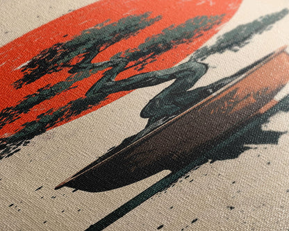 Canvas Print Bonsai Tree Silhouette Against Red Sun, Minimalistic Japanese Style Art For Modern Home, Wall Decoration