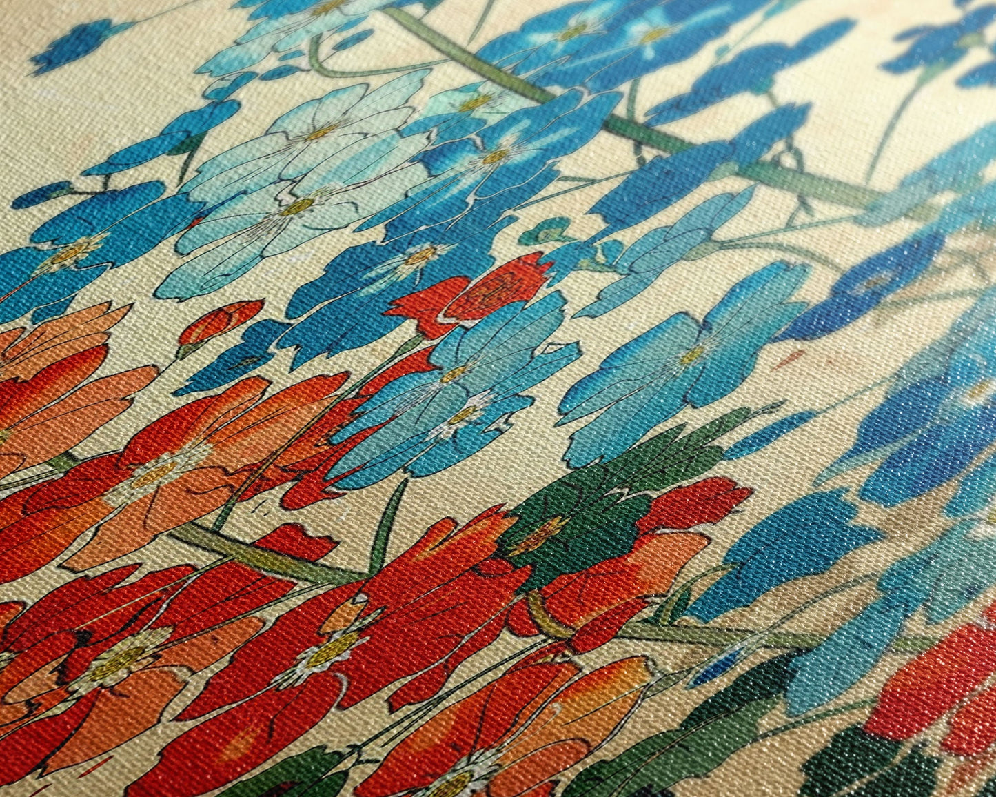 Delphinium Flowers Japanese Garden Art In Traditional Ukiyo-e Style Framed Canvas Print Tall Skinny Wood Block Floral Wall Decor