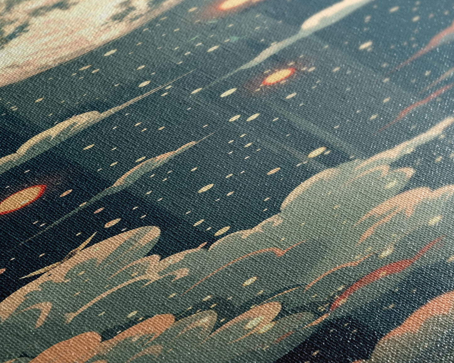 Moonlit Night With Japanese Lanterns Art On Framed Canvas Print In Ukiyo-e Style Tall Skinny Ethereal Wood Block Wall Decor