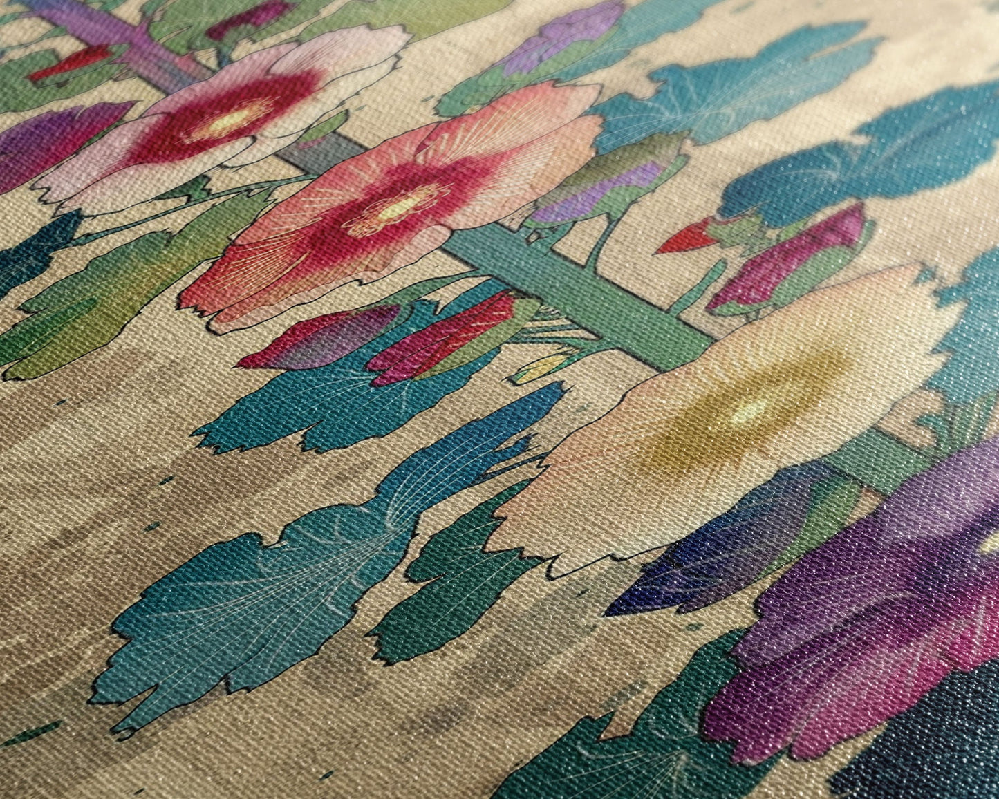 Colorful Hollyhock Flowers Traditional Japanese Woodblock Style Tall Skinny Framed Canvas Print Wall Art