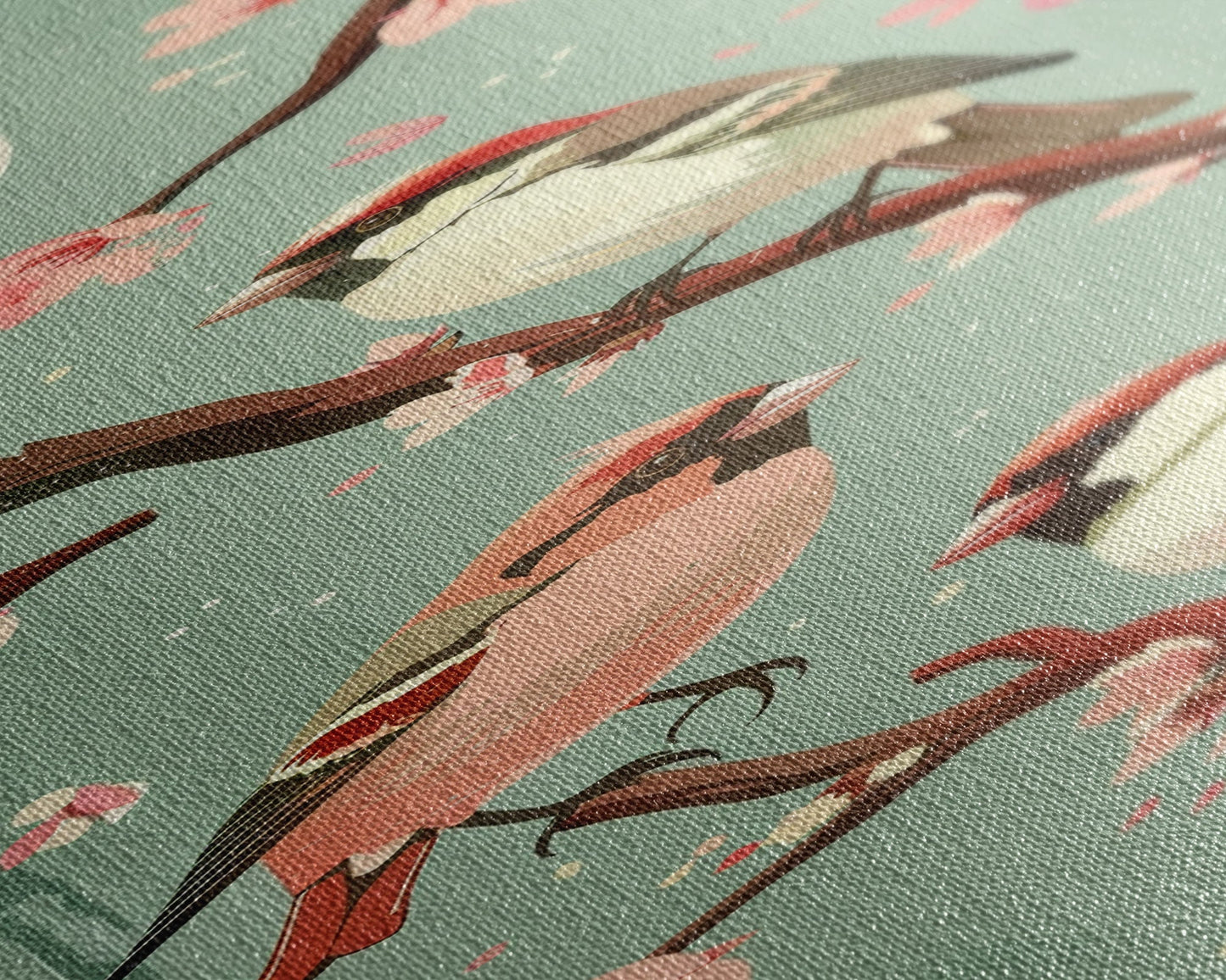 Delicate Sparrows Perched On Cherry Blossoms Under Full Moon Serene Nighttime Setting Captured Tall Framed Canvas Print Nature Scene