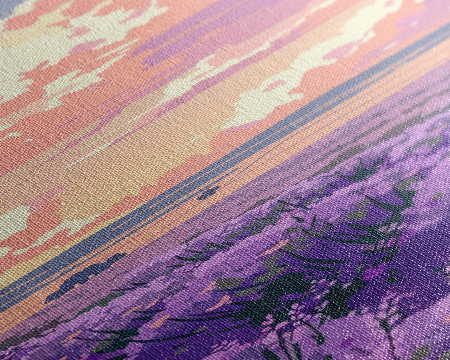 Expansive Lavender Field Beneath a Dramatic Cloudy Sky in Warm Pastel Hues Ukiyo-e Art Japanese Framed Canvas Print Skinny Tall Art