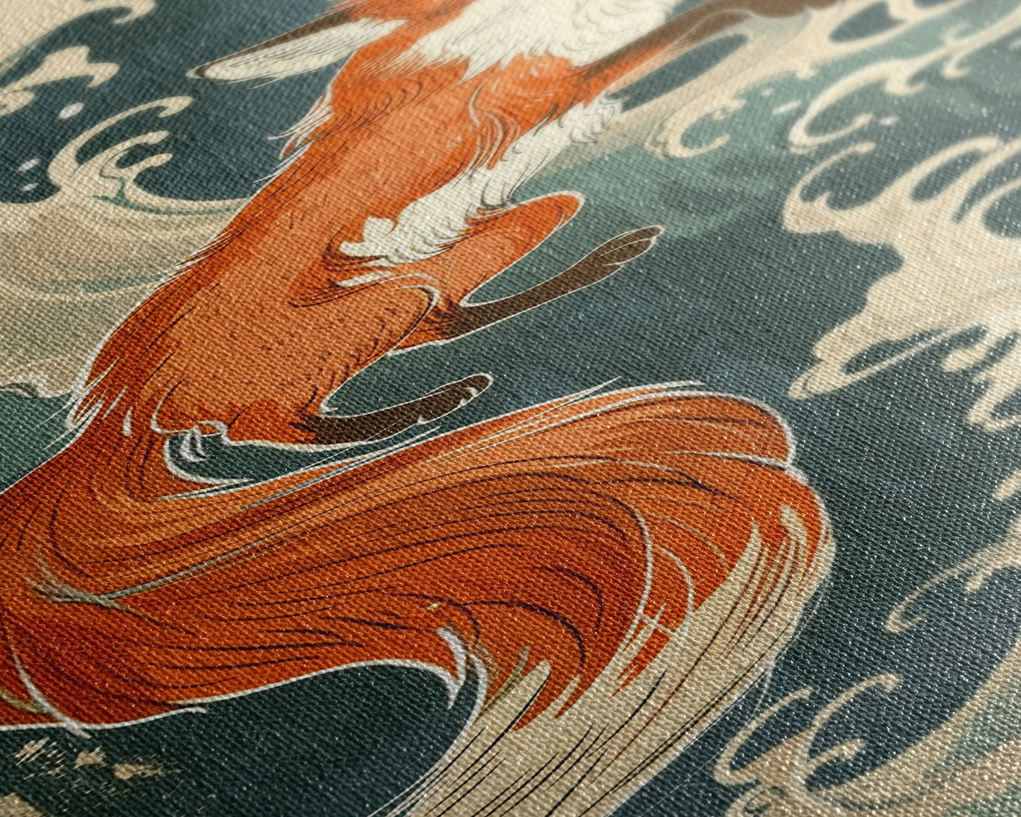 Japanese Style Art Depicting A Fox In Motion Against A Backdrop Of Foamy Waves, Skinny Art, Tall Art, Ukiyo-e Art, Framed Canvas Print, Wood Block Print