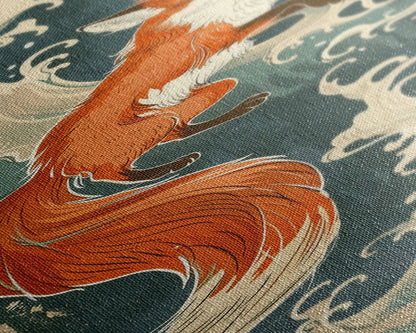 Japanese Style Art Depicting A Fox In Motion Against A Backdrop Of Foamy Waves, Skinny Art, Tall Art, Ukiyo-e Art, Framed Canvas Print, Wood Block Print