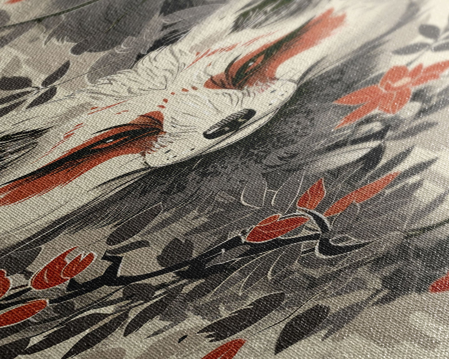 Fox Head Amidst Red Flowers On Textured Background Skinny Art Wood Block Print Framed Canvas Print