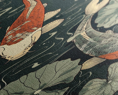 Koi Fish Swimming Gracefully Among Lotus Flowers – Framed Canvas Print Highlighting Skinny Art And Tall Art In Ukiyo-E Art And Japanese Style Art