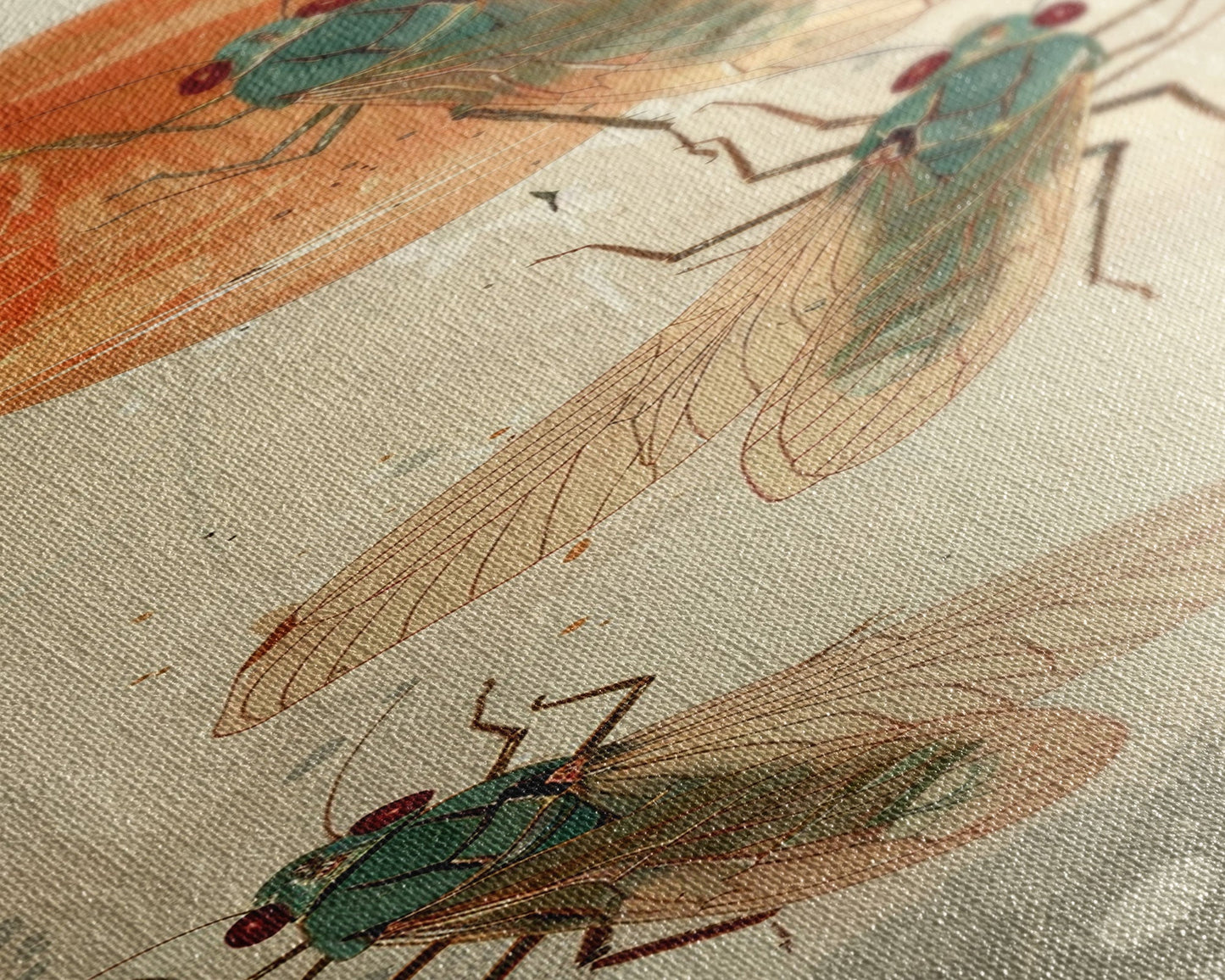 Detailed Depiction Of Cicadas Against Warm Sunset Background Ukiyo-e Skinny Tall Wood Block Framed Canvas Print Japanese Style Art