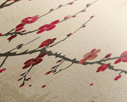 Minimalist Branch Of Red Cherry Blossoms Against Beige Background For Asian-Inspired Wall Art Decor Framed Canvas Print