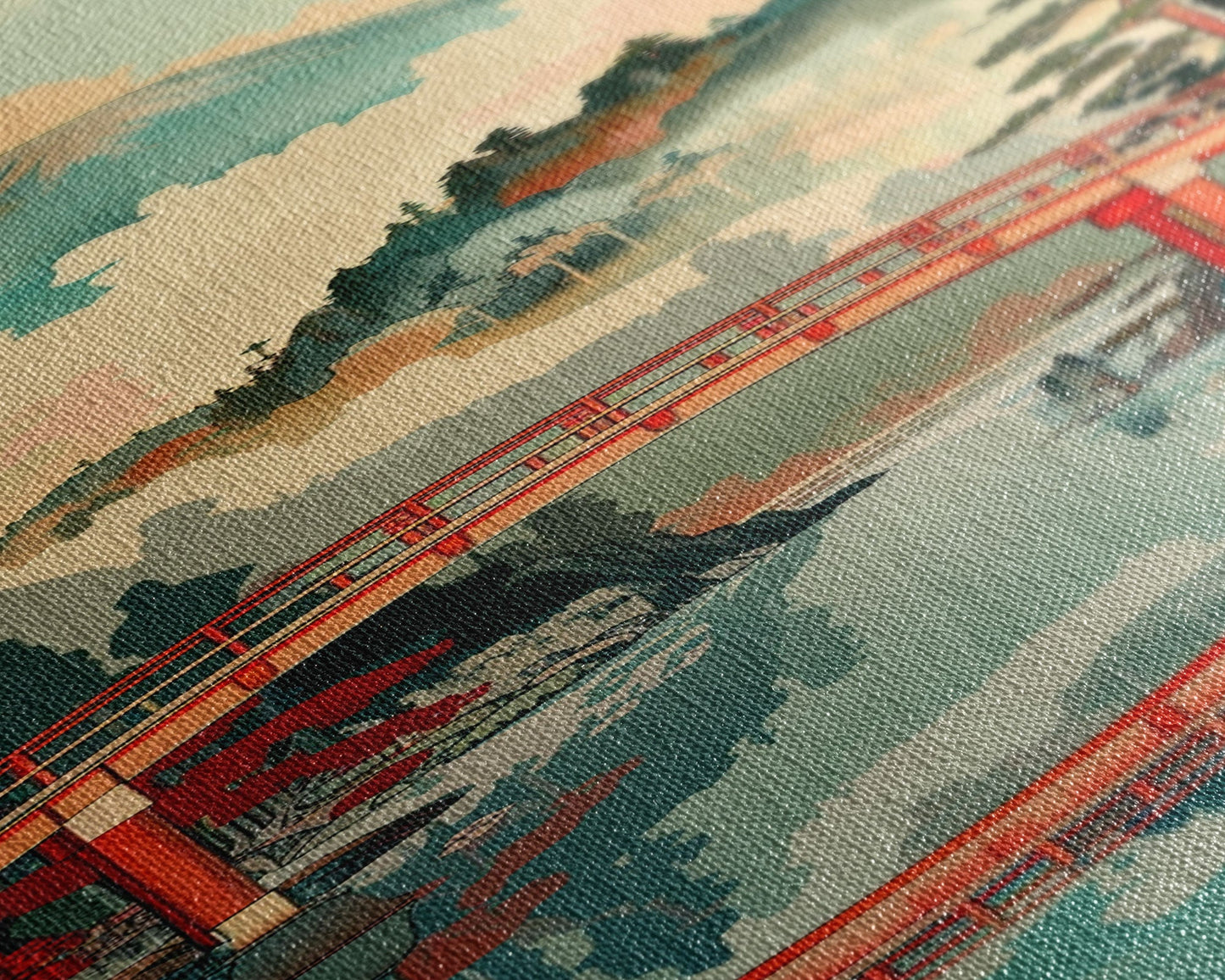 Atemberaubendes Motiv des Berges Fuji mit Spiegelung der roten Brücke, schmaler, hoher Leinwanddruck mit Rahmen, japanisches Wandbild im Feng-Shui-Stil