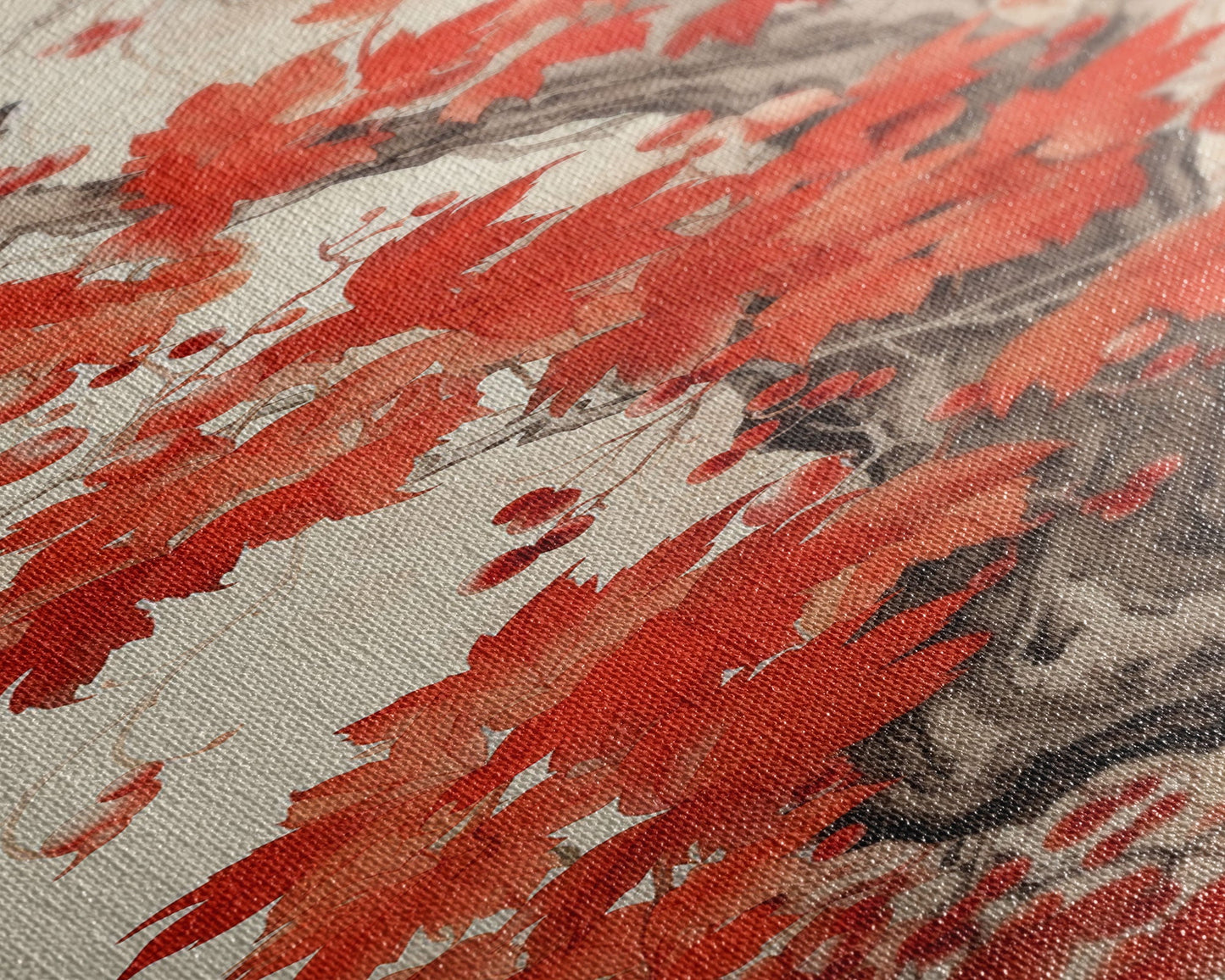 Striking Red Leaves And Berries On A Gnarled Tree, Tall Skinny Canvas Print For Feng Shui-Inspired Wall Art, Japanese Style Art