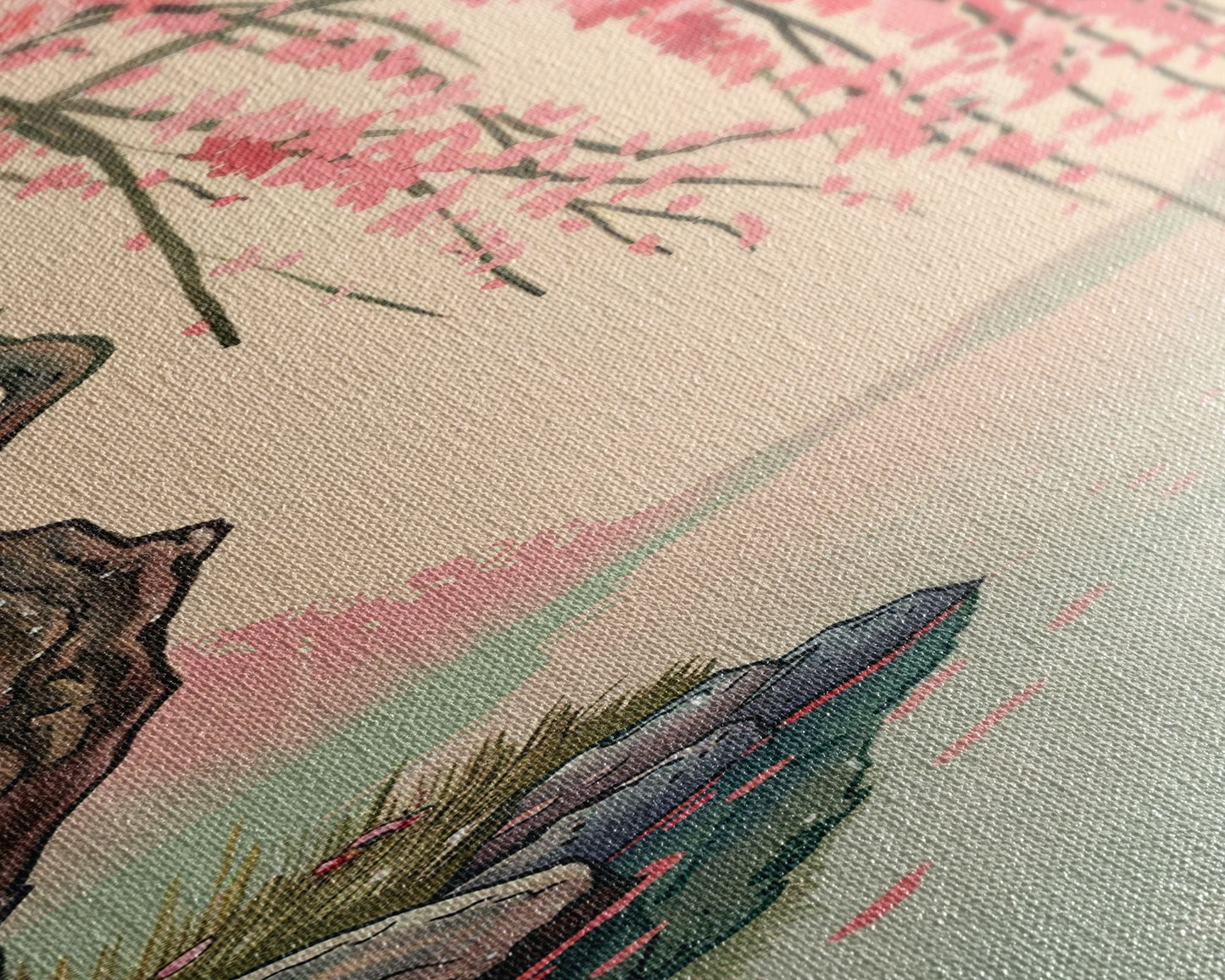 Serene Weeping Cherry Tree with Gentle Reflections in Water - Skinny Art, Japanese Wall Decor, Framed Canvas Print, Ukiyo-e Style