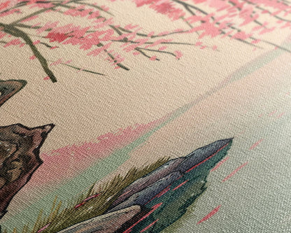 Serene Weeping Cherry Tree with Gentle Reflections in Water - Skinny Art, Japanese Wall Decor, Framed Canvas Print, Ukiyo-e Style