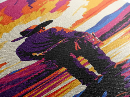 Bold Cowboy Sunset Canvas Print pink orange wall art southwest wall art extra wide art rustic decor farmhouse art tall narrow art