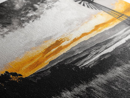 Windmill Sunset, windmill wall art, rustic decor, farmhouse art, landscape painting, extra wide art, framed canvas print, panoramic art