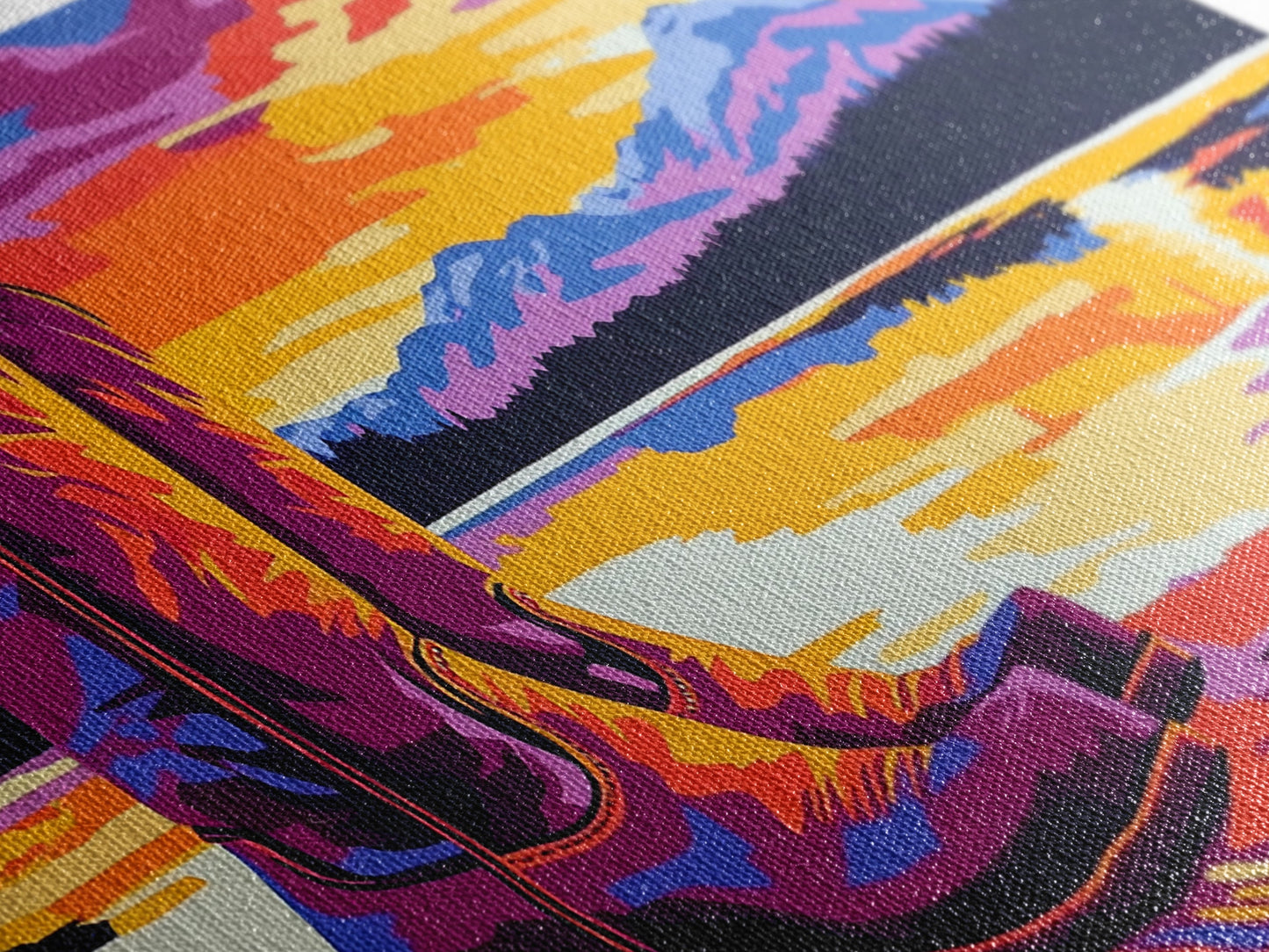 Cowboy boots, lake sunset, mountain painting, rustic western art, farmhouse decor, vibrant colors, extra wide art, canvas print