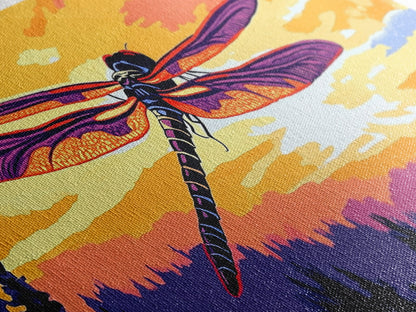 Dragonfly Glow, whimsical art, nature painting, wildflower painting, botanical prints, pink orange wall art, framed canvas print