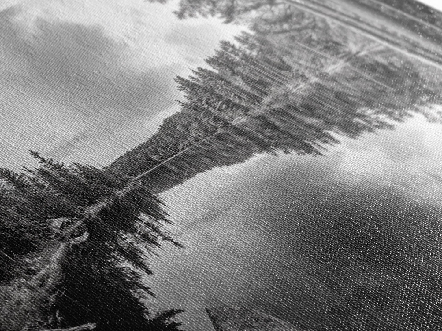 Lake reflection, pine tree art, landscape painting, wabi sabi art, rustic decor, panoramic painting, extra wide art, framed canvas print