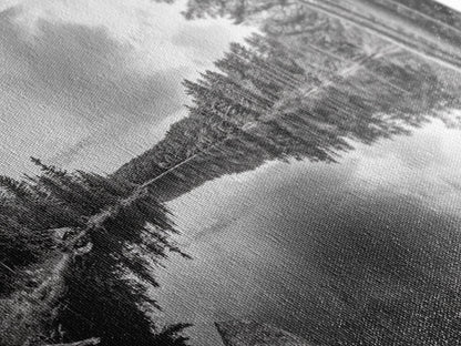 Lake reflection, pine tree art, landscape painting, wabi sabi art, rustic decor, panoramic painting, extra wide art, framed canvas print