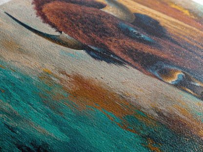 Bold bison painting, teal and orange art, rustic wall art, farmhouse decor, boho art, extra wide western painting, canvas print