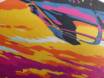 Horse silhouette, sunset, pink orange wall art, colorful equestrian, western art, extra wide art, framed canvas print, panoramic painting